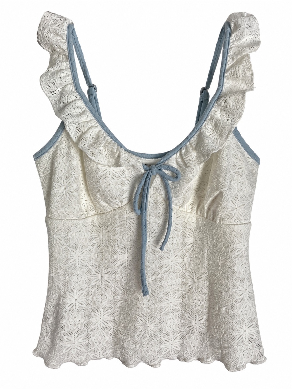 Kirious Lace Ruffle Tank with Blue Trim - White/Cream size small
